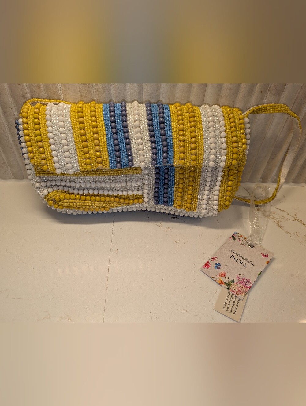 Viral Handcrafted In India Hand-Beaded Yellow White Blue Foldover Clutch, NWT!